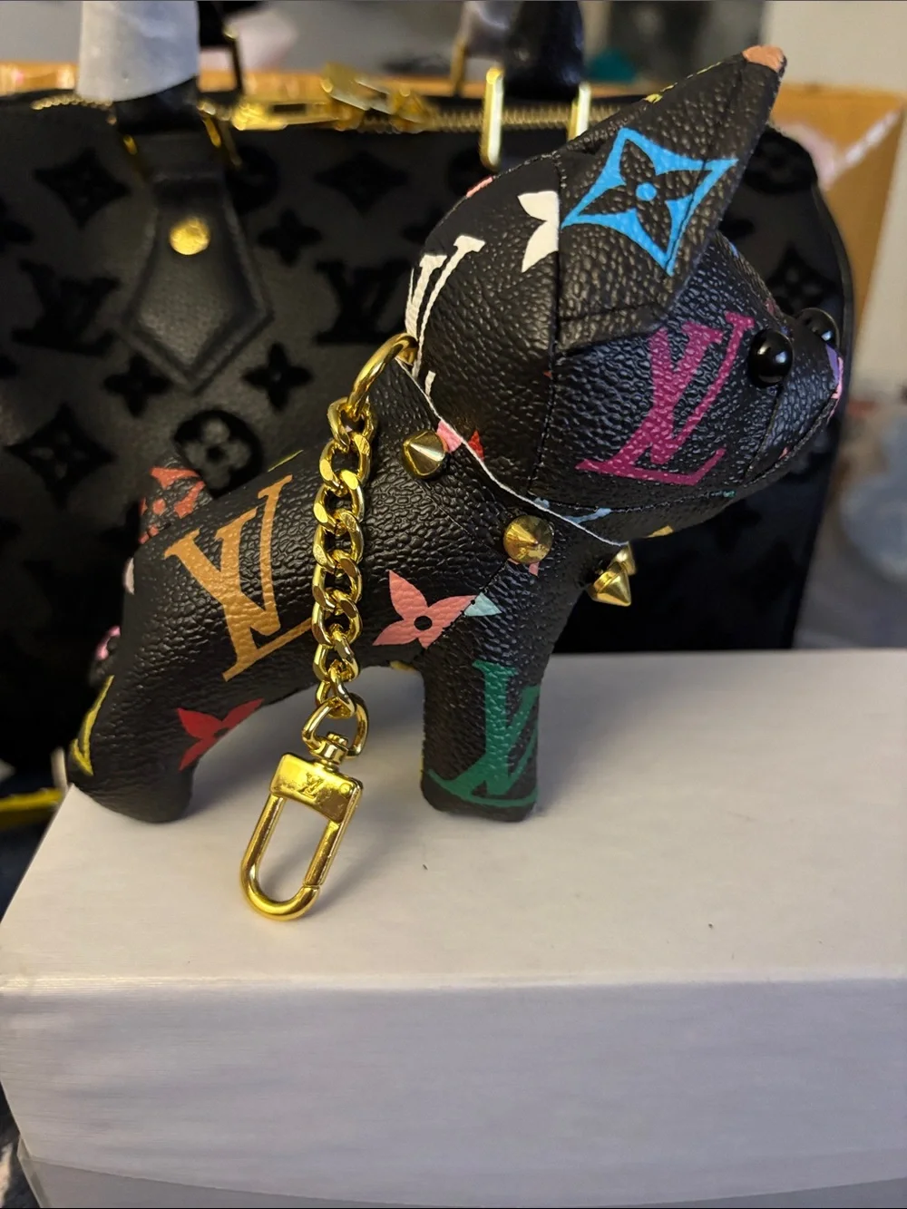 Brand New !  Multicolor Monogram Leather Dog Charm - Black